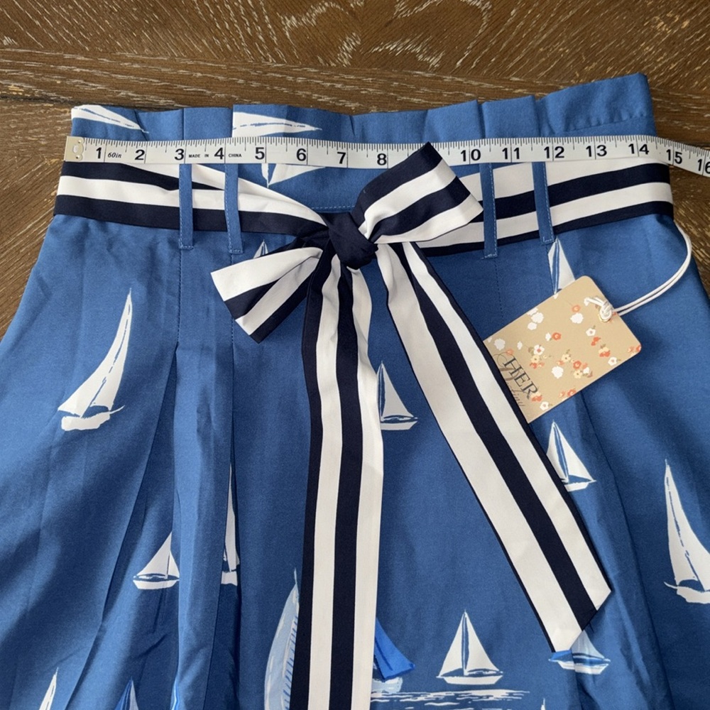 Pleated, A-Cut Sailboats on the Ocean With Stripes Fabric Belt (Size-M) - Picture 10 of 11